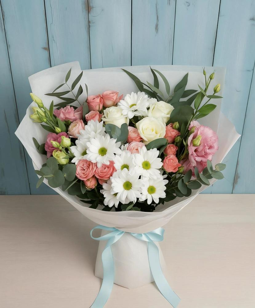 Букет цветов из: Розы, Лизиантусы и Хризантемы в Виноградово