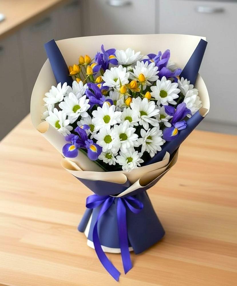 Букет цветов из: Розы, Ирисы и Хризантемы в Виноградово