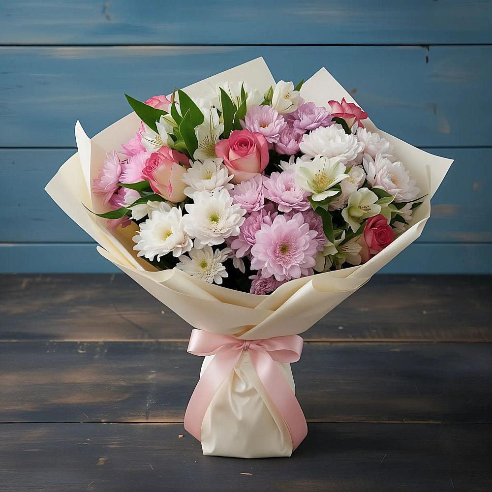 Букет цветов из: Хризантемы, Альстромерии и Розы в Виноградово